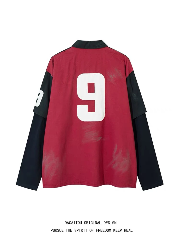 重磅水洗牛仔 立体刺绣假两件 美式复古潮牌卫衣6816