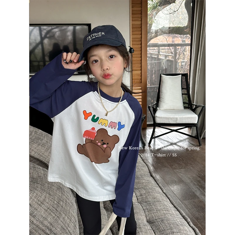咸蛋小虾米童装2024年春装新款韩国女童小熊拼接袖长袖T恤