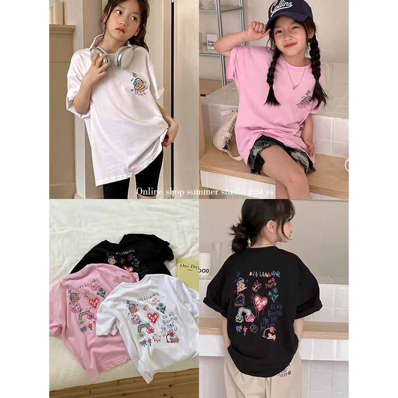 咸蛋小虾米童装2024年夏装新款韩国女童字母卡通宽松长款短袖T恤