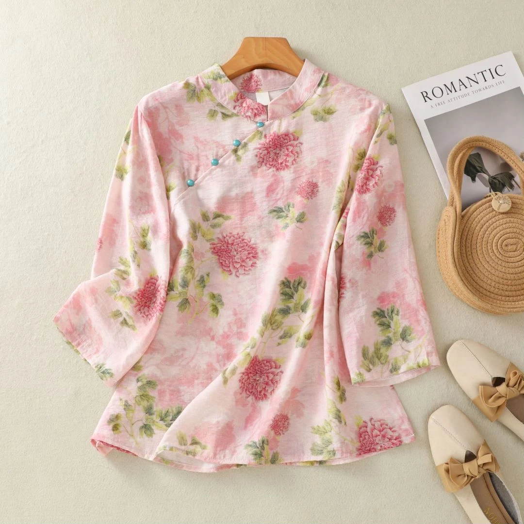 7292#民族风碎花宽松上衣女夏中袖衬衫盘扣文艺复古中国风女装