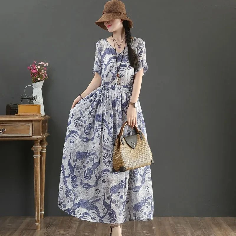 复古文艺2024新款印花大摆长裙v领收腰显瘦系带长款连衣裙