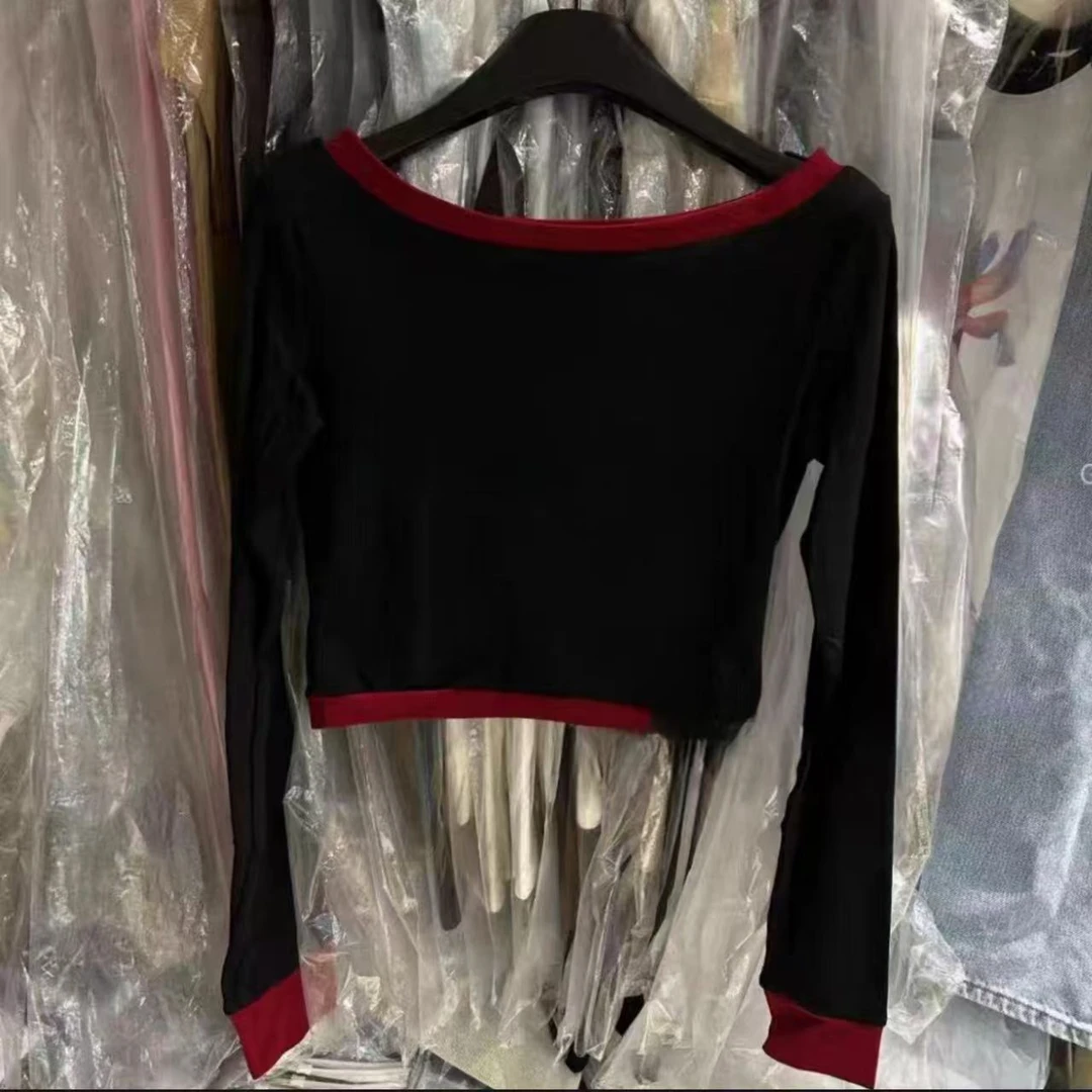 睿夕【线条故事】休闲撞色设计感拼接一字肩修身显瘦T恤