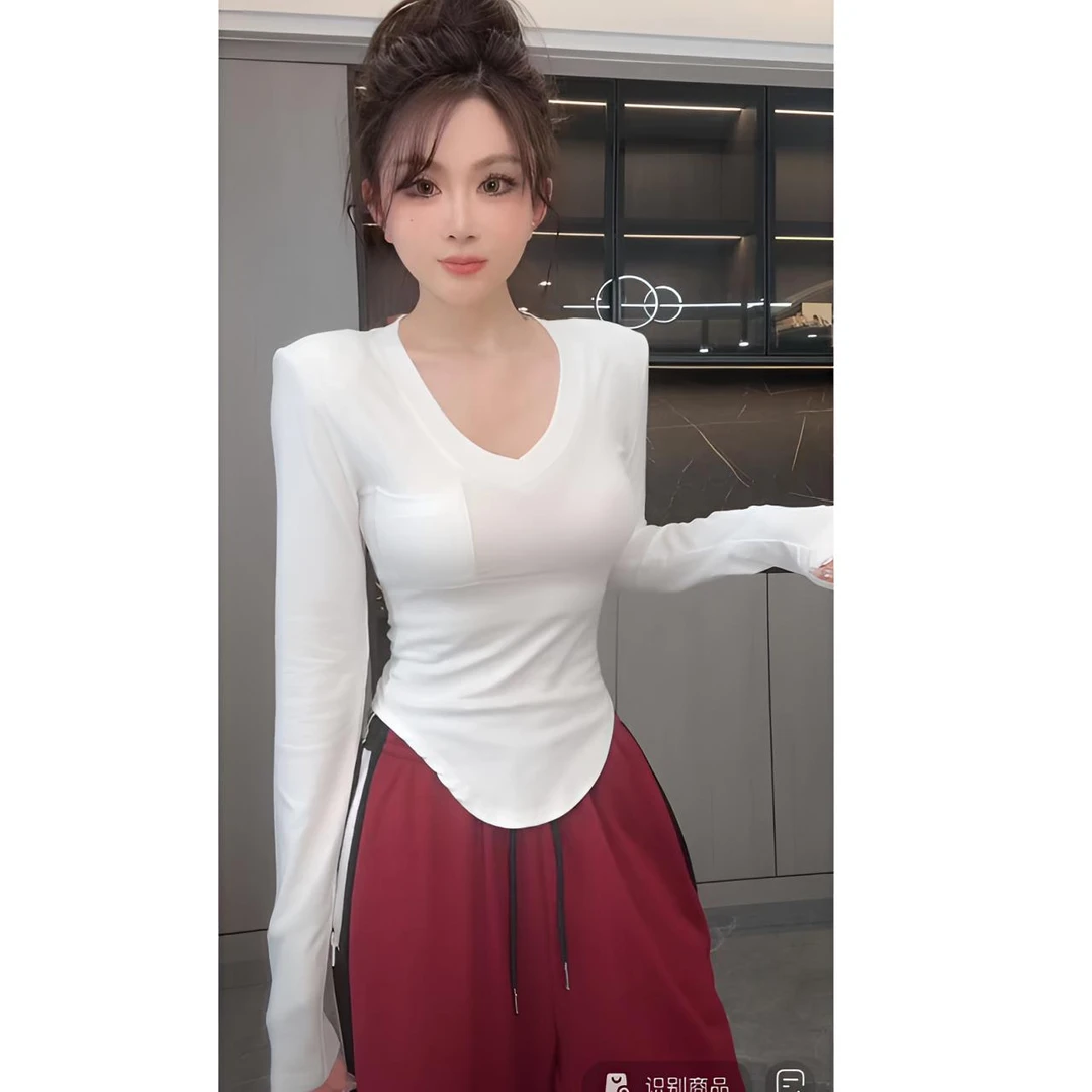 睿夕【纯白日记】辣妹v领长袖t恤女纯欲修身显瘦上衣