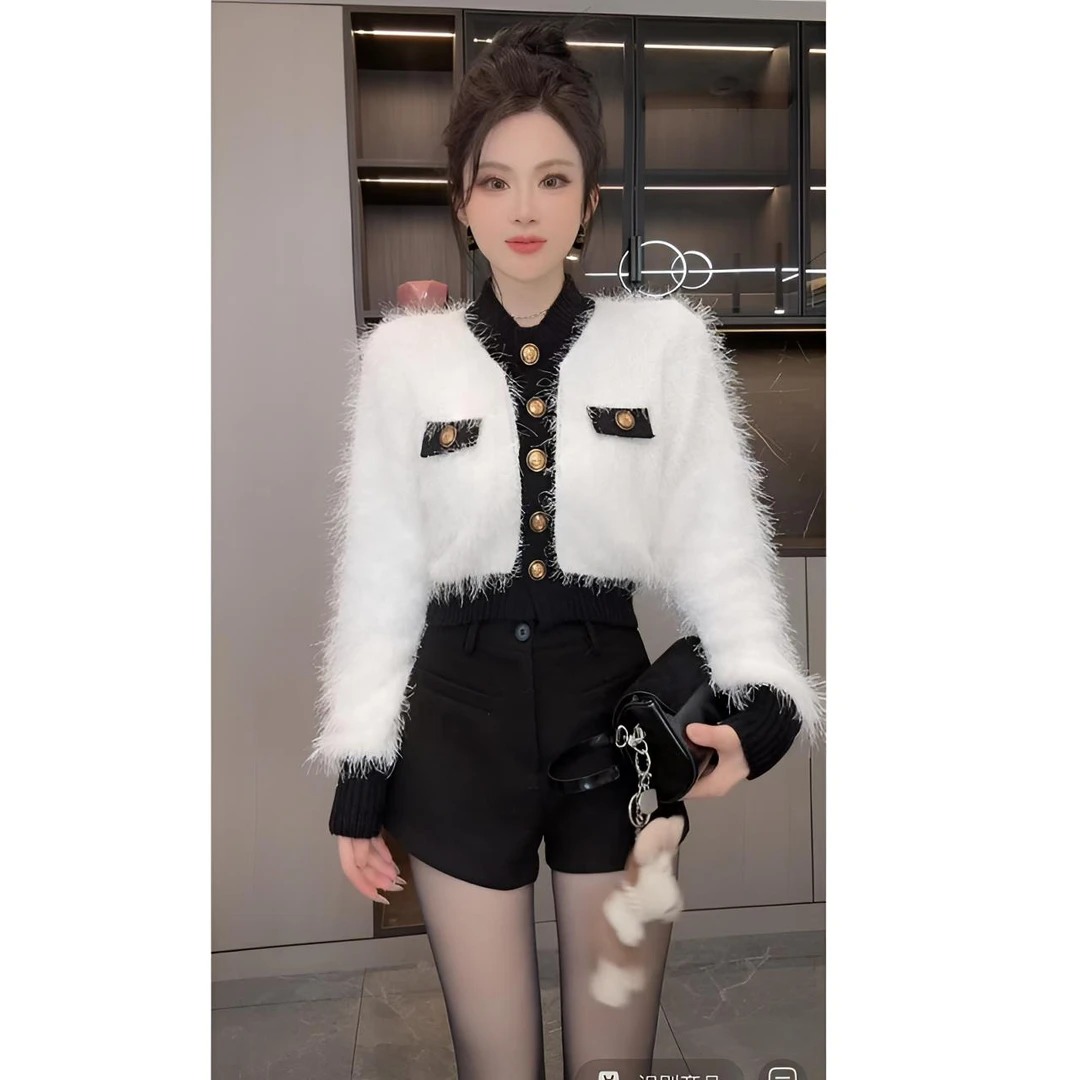 睿夕【月光恋人】小香风撞色毛须须针织毛衣开衫