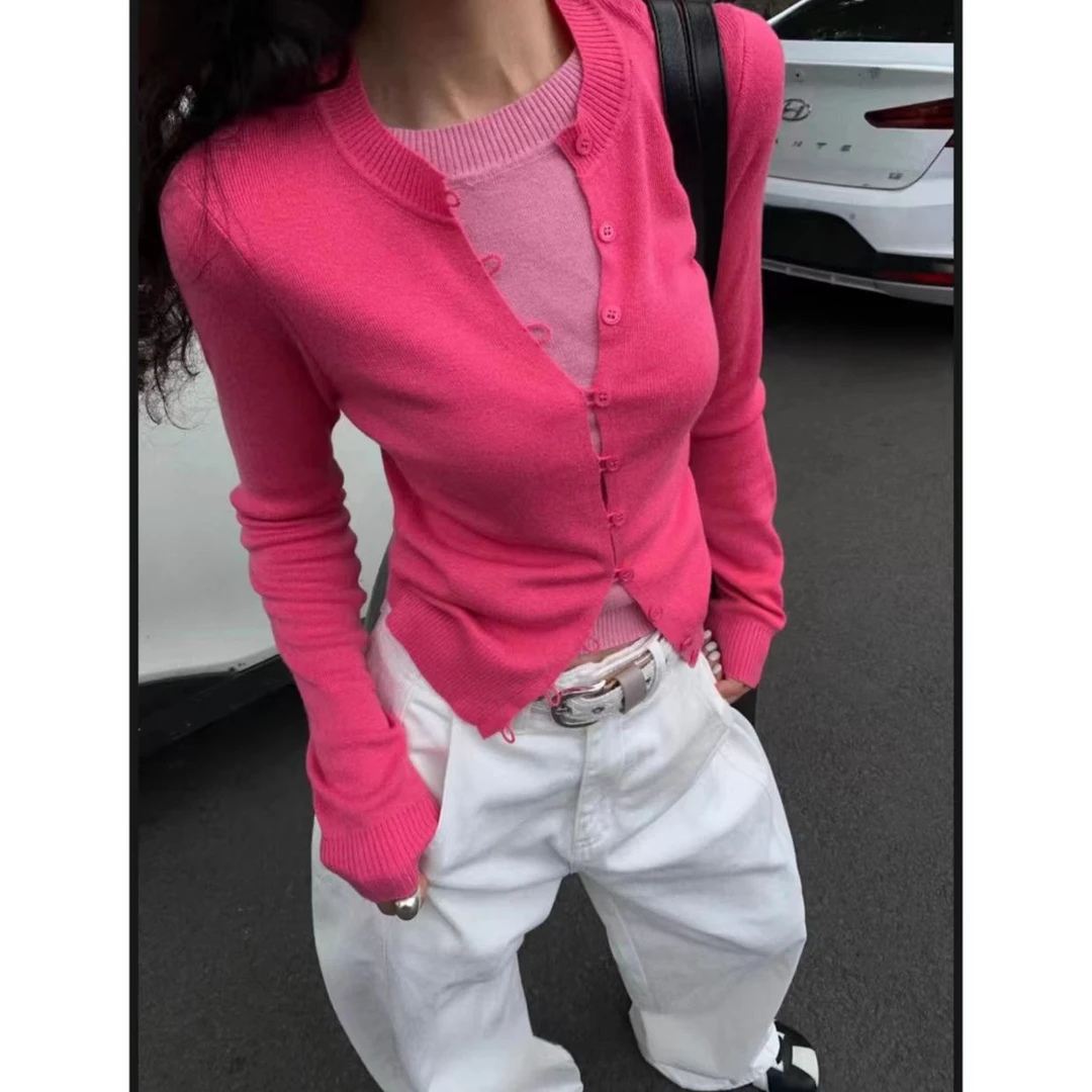 睿夕【玫玫果茶】韩系修身拼色假两件针织开衫排扣毛衣