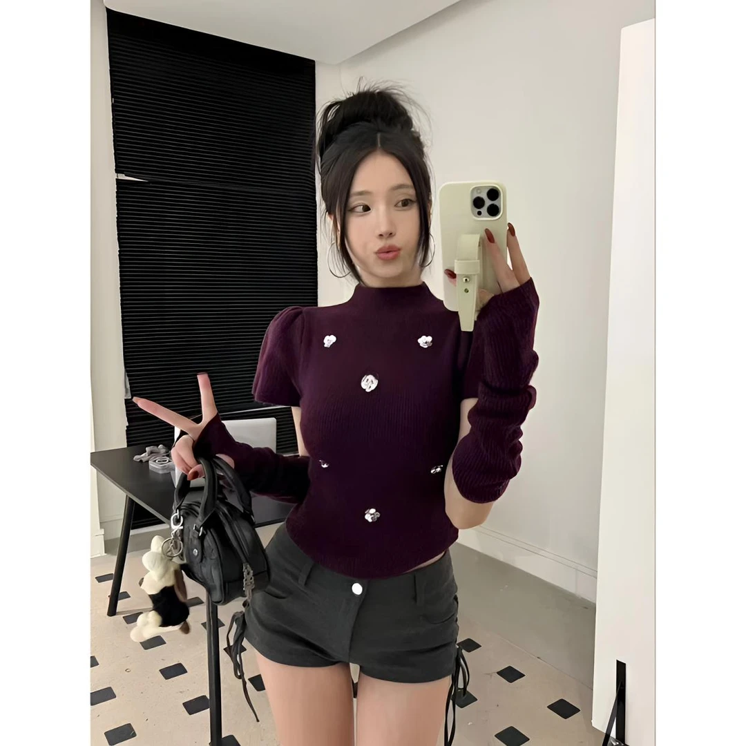 睿夕【亮片花朵】甜美辣妹重工泡泡袖毛衣显瘦袖套针织衫