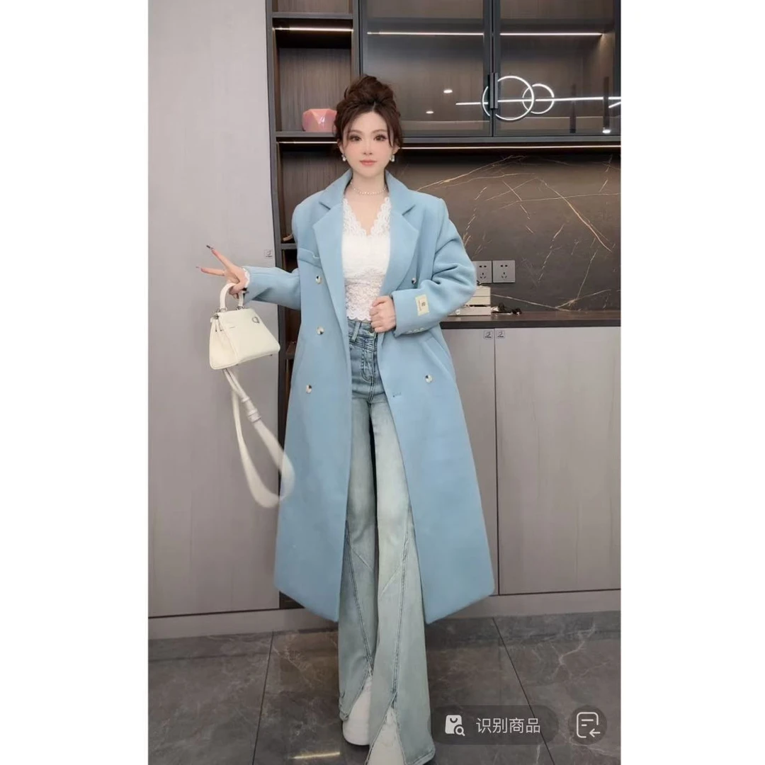 睿夕 【蓝颜知己】双排扣西装领长款外套翻领夹棉毛呢大衣女