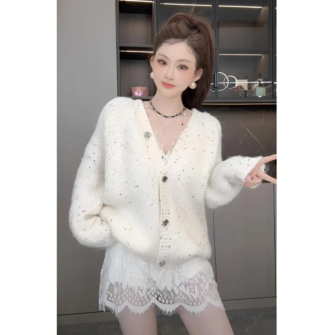 睿夕【暖热星空】慵懒风显瘦宽松亮片装饰休闲针织毛衣开衫