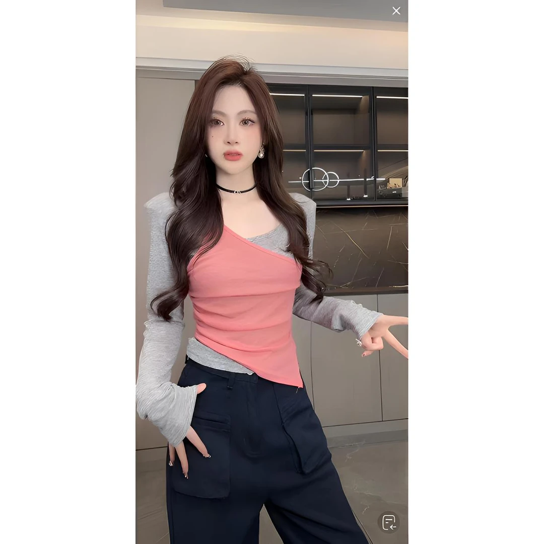 睿夕【甜欲人间】纯欲辣妹U领假两件长袖T恤