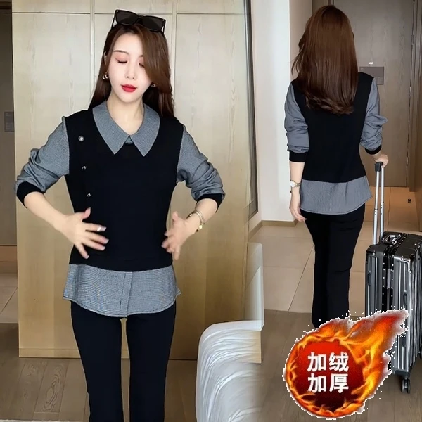 高级感衬衫女2024秋冬新款洋气显瘦假两件撞色遮肚子长袖加绒衬衣