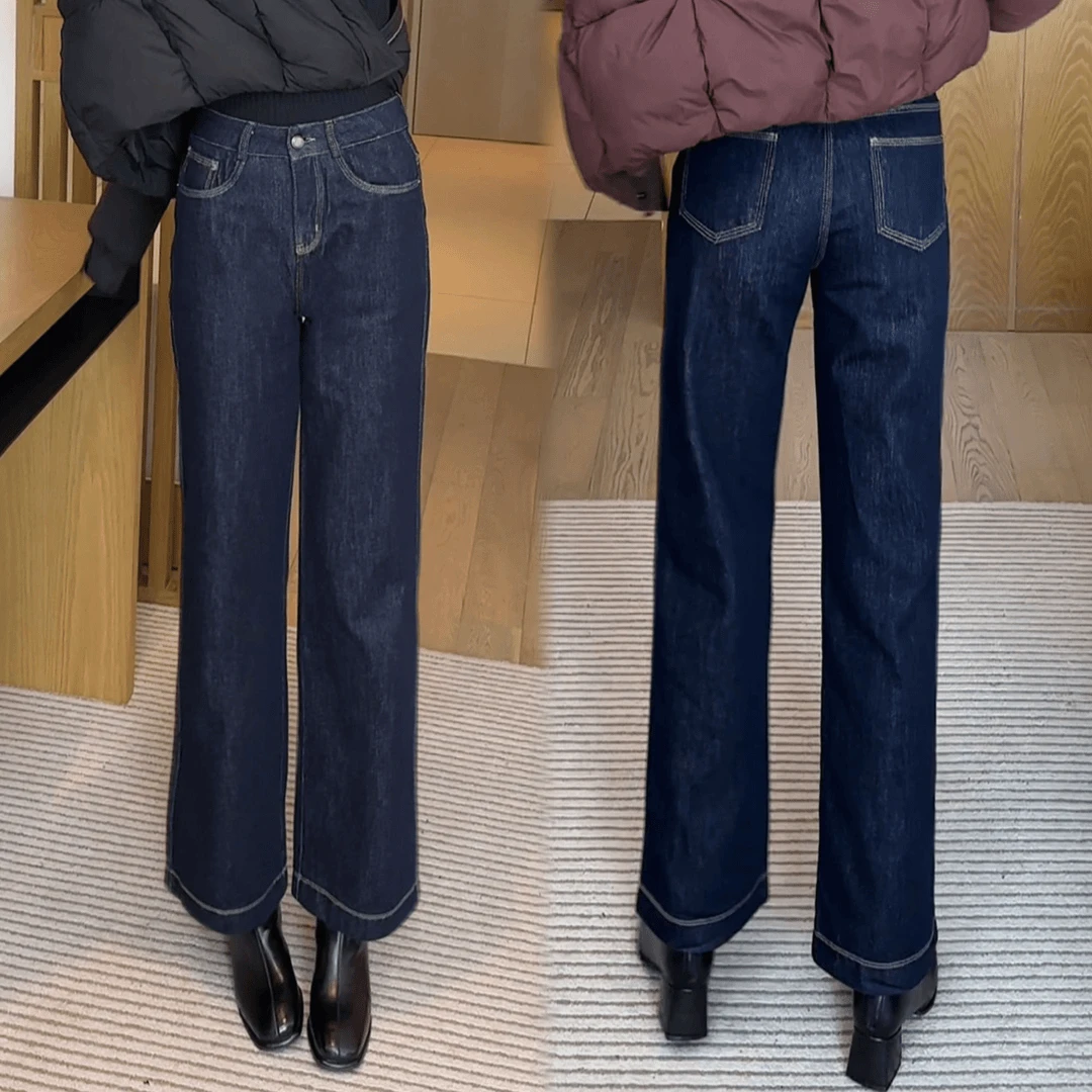 时尚百搭显瘦直筒裤休闲牛仔裤复古秋冬休闲裤（搭配棉衣同款）