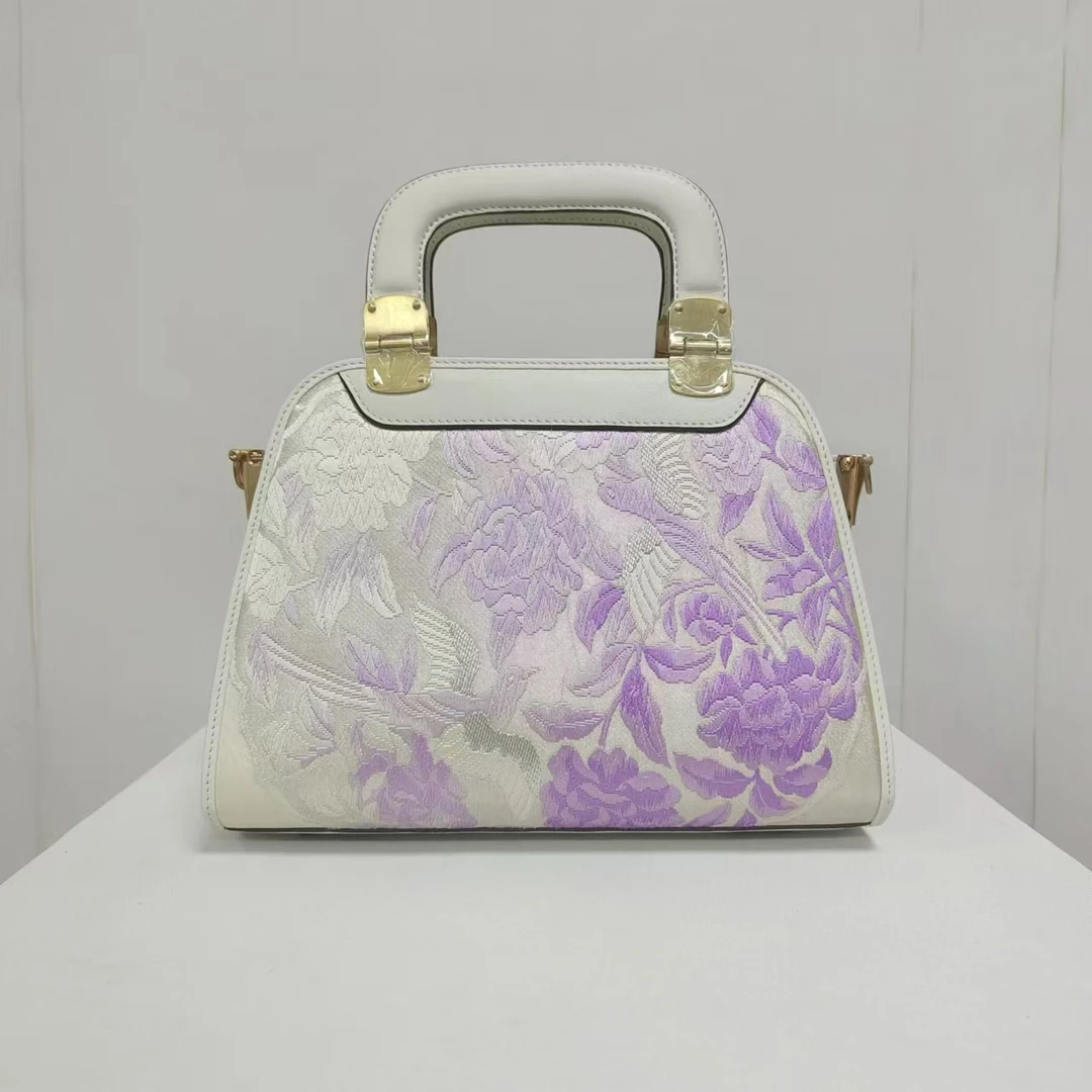 中国风缂丝唐锦刺绣工艺皮手提斜跨马鞍包梯形