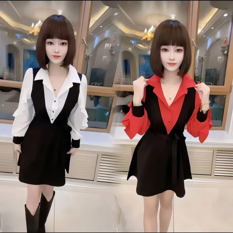 假两件韩版长袖连衣裙2025时尚拼接秋季新款宽松显瘦气质百搭年轻