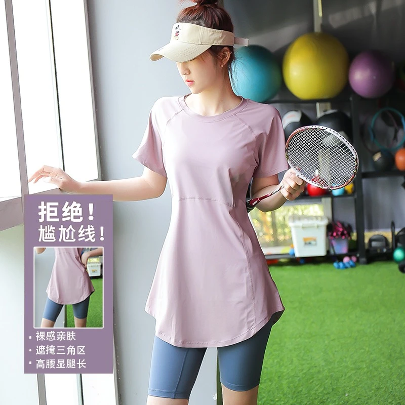 宽松运动瑜伽服上衣速干跑步大码透气休闲夏季训练健身衣T恤长款