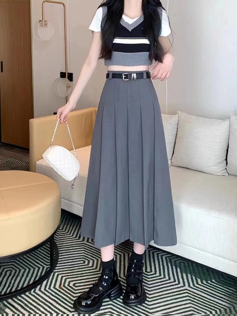 高级感时尚灰色西装半身裙2025秋季高腰显瘦垂感中长款a字百褶裙