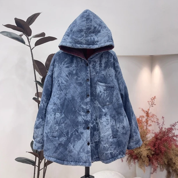 1036欧货冬款扎染牛仔绗棉连帽棉衣棉服