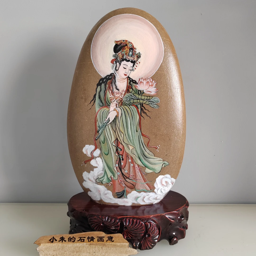 手绘石头画生肖马守护佛定制款大势至菩萨33×25送底座包邮