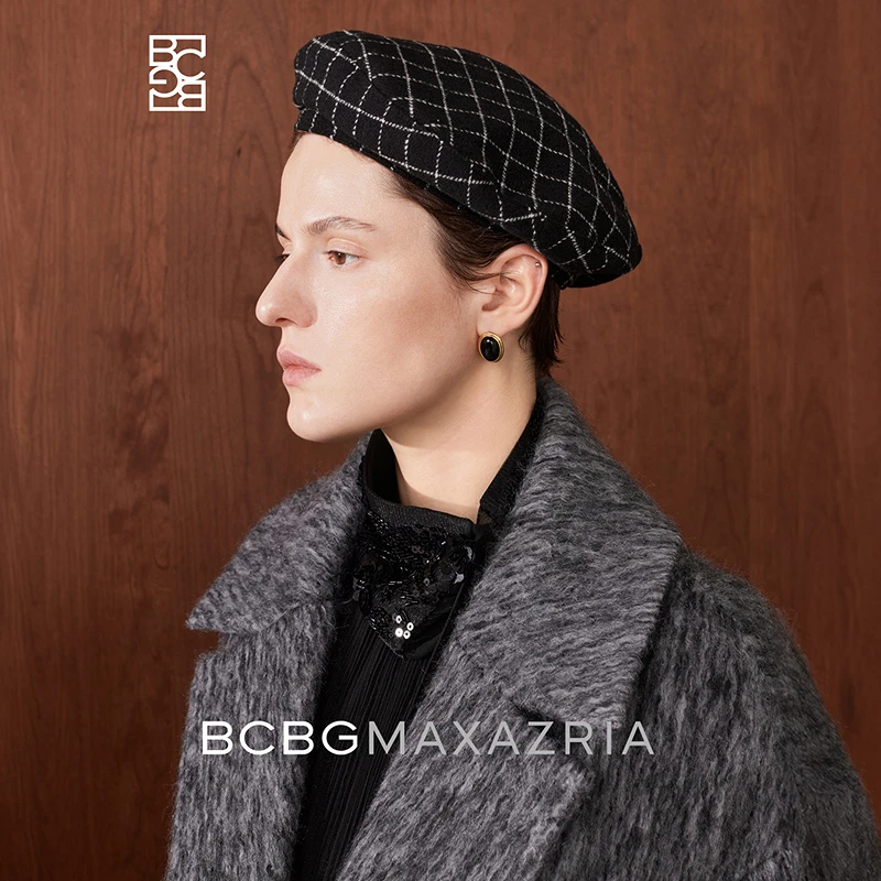 BCBGMAXAZRIA 格雷系毛呢混纺夜巡简约格纹女式贝雷帽BMQ06BZ8590