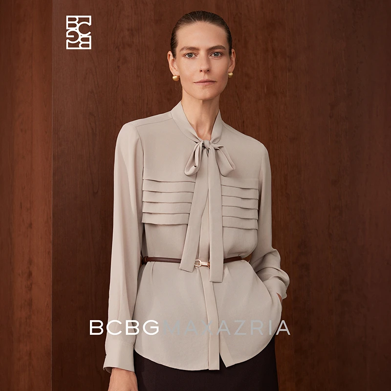 BCBG法式气质时尚柔软飘带领叠褶装饰长袖女式衬衫BMQ06BZ881B