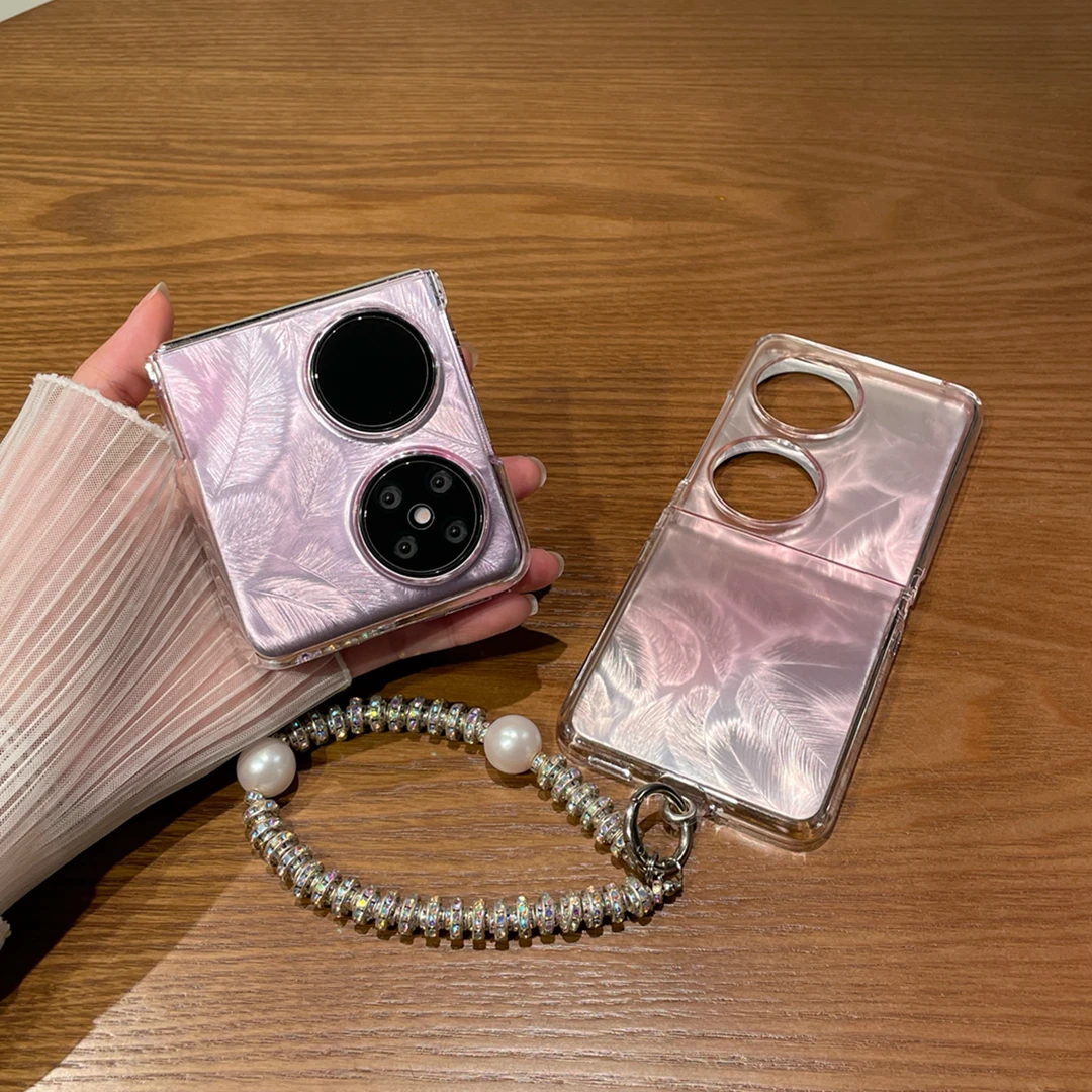 适用华为pocket2折叠屏手机壳新款网红渐变色羽毛手提链女磨砂