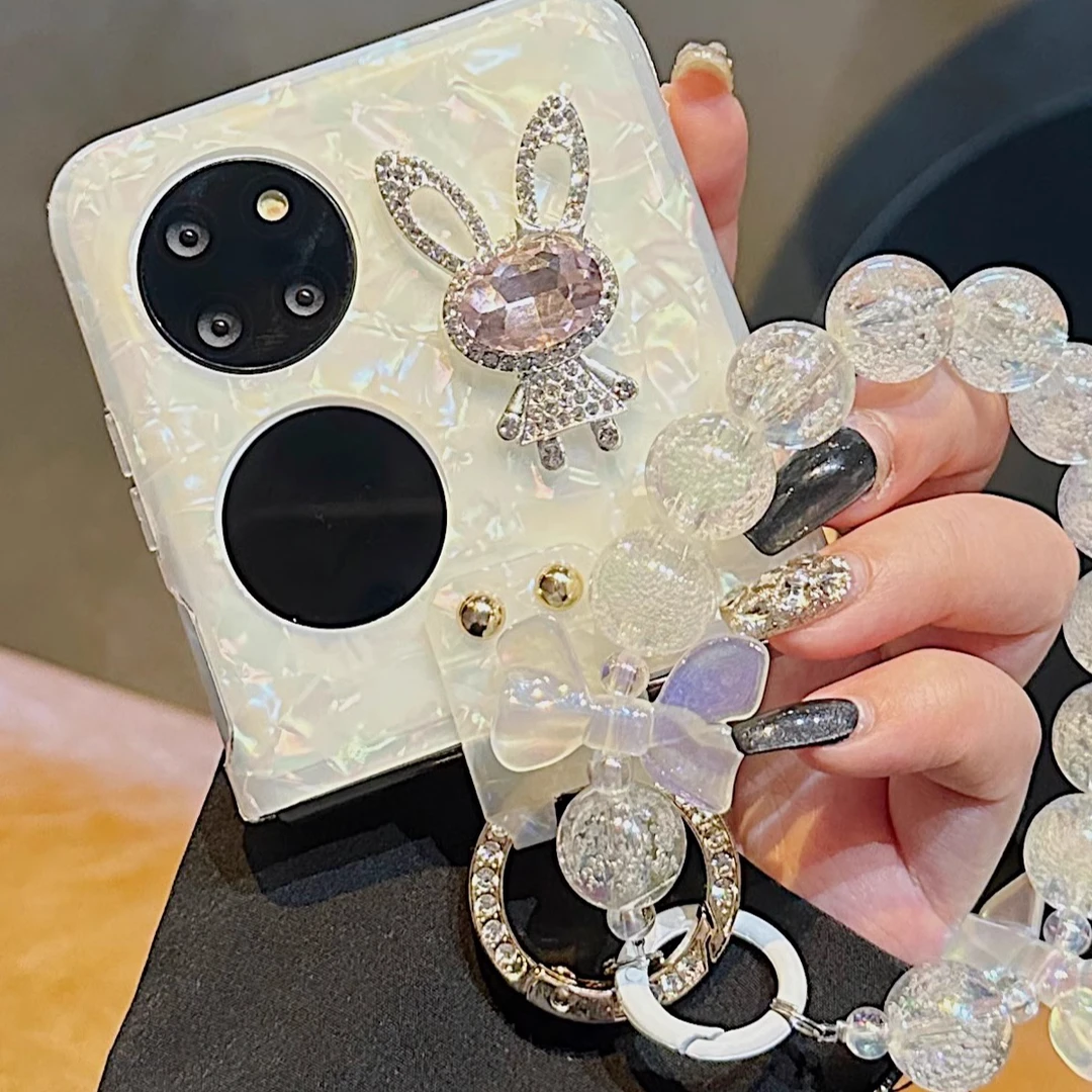 贝母适用华为pocket2手机壳折叠屏可爱兔子挂绳链条p50宝盒防摔