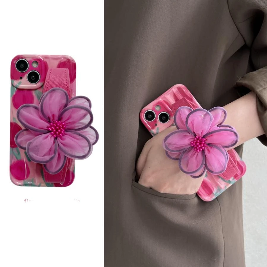 春天新款粉色纱花腕带适用于苹果15promax手机壳14/13/12/11网红