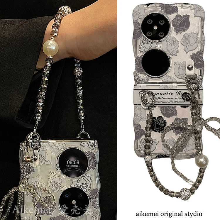 适用华为Pocket2新款手机壳折叠屏创意彩绘复古玫瑰花p50pocket S