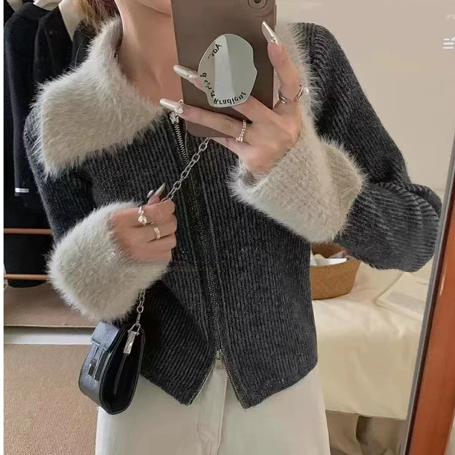 双拉链翻领水貂绒袖口拼接毛衣外套女2024冬季短款针织开衫8269