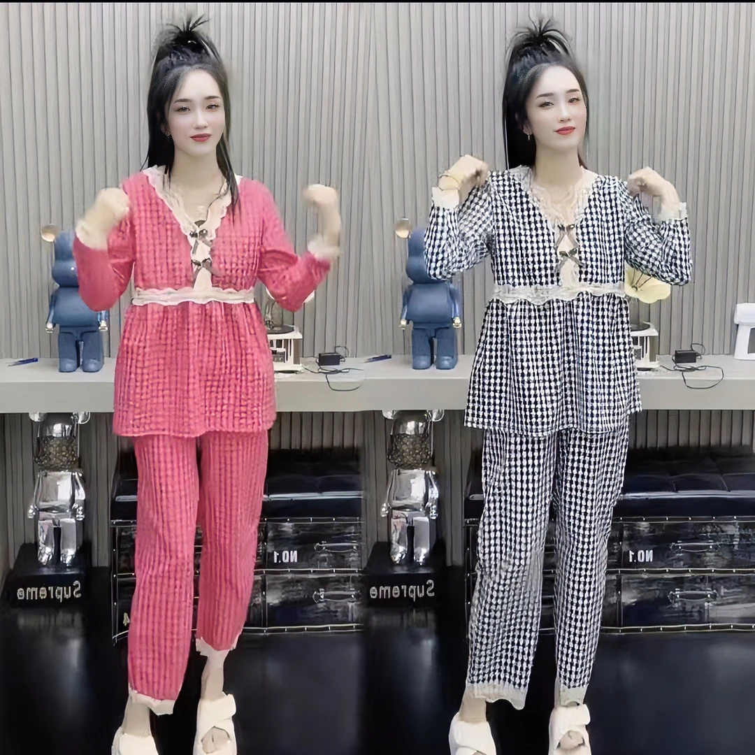 女士新款休闲长袖格子家居服睡衣套装时尚显瘦v领拼蕾丝大码洋气