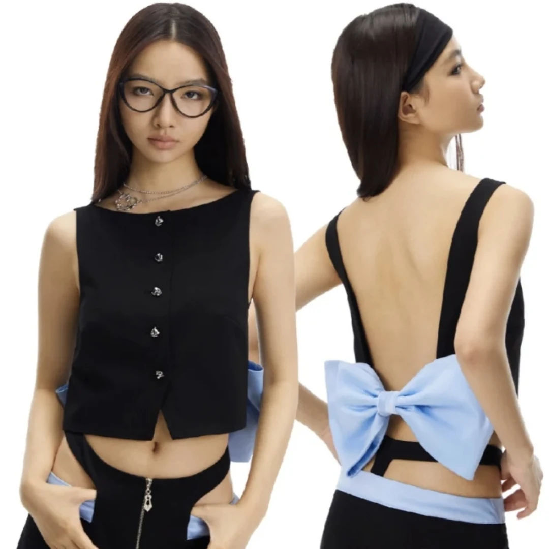 KIWIJADEITE奇异翡翠背心吊带美背复古船领露背撞色蝴蝶结马甲