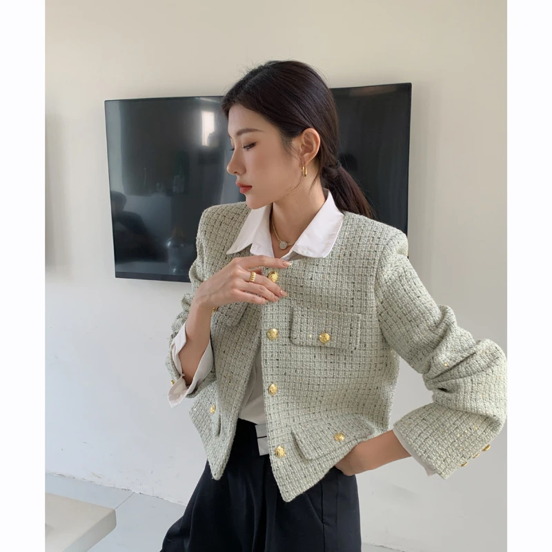 浅绿色小香风外套女2022秋冬新款法式粗花呢亮片气质短款园领上衣