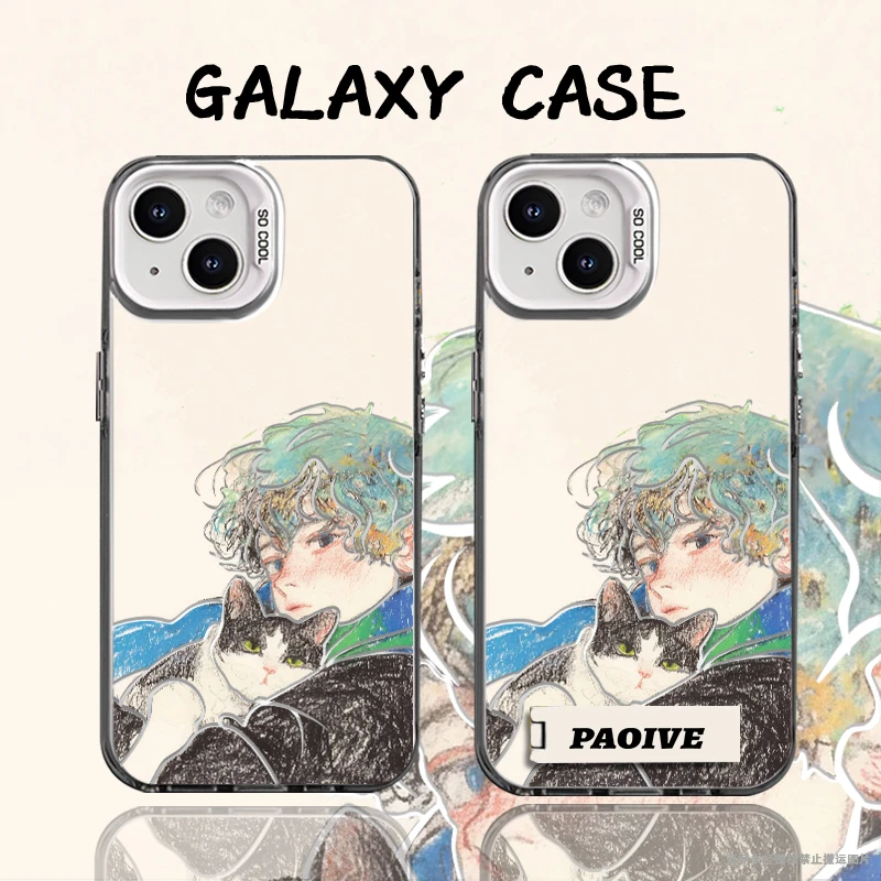 绿发男孩抱猫适用创意小众苹果16华为小米14彩银手机防摔壳Paoive
