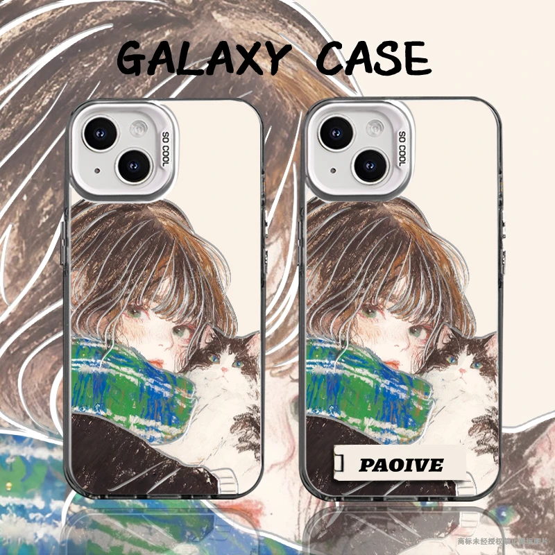 黑发抱猫女孩适用创意小众苹果16华为小米14彩银手机防摔壳Paoive