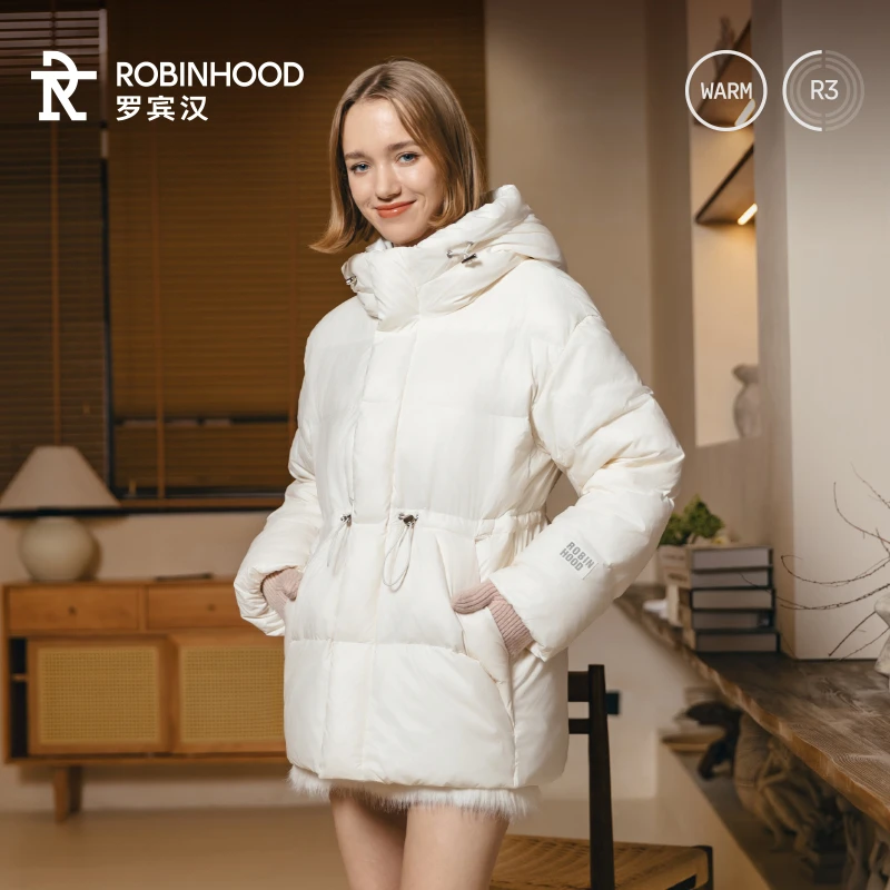 罗宾汉冬季时尚休闲连帽女士黑白拂雪收腰款羽绒服xp-R241Y5011