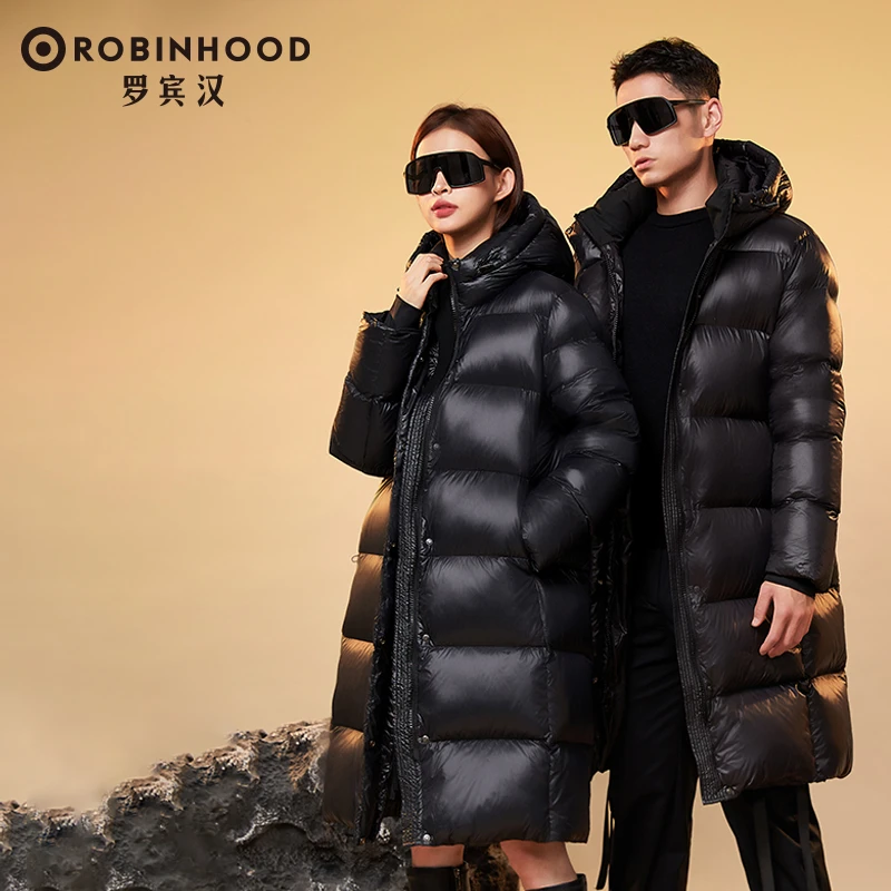 罗宾汉时尚黑色金标90鸭绒情侣冬季户外长款羽绒服-R033Y6083