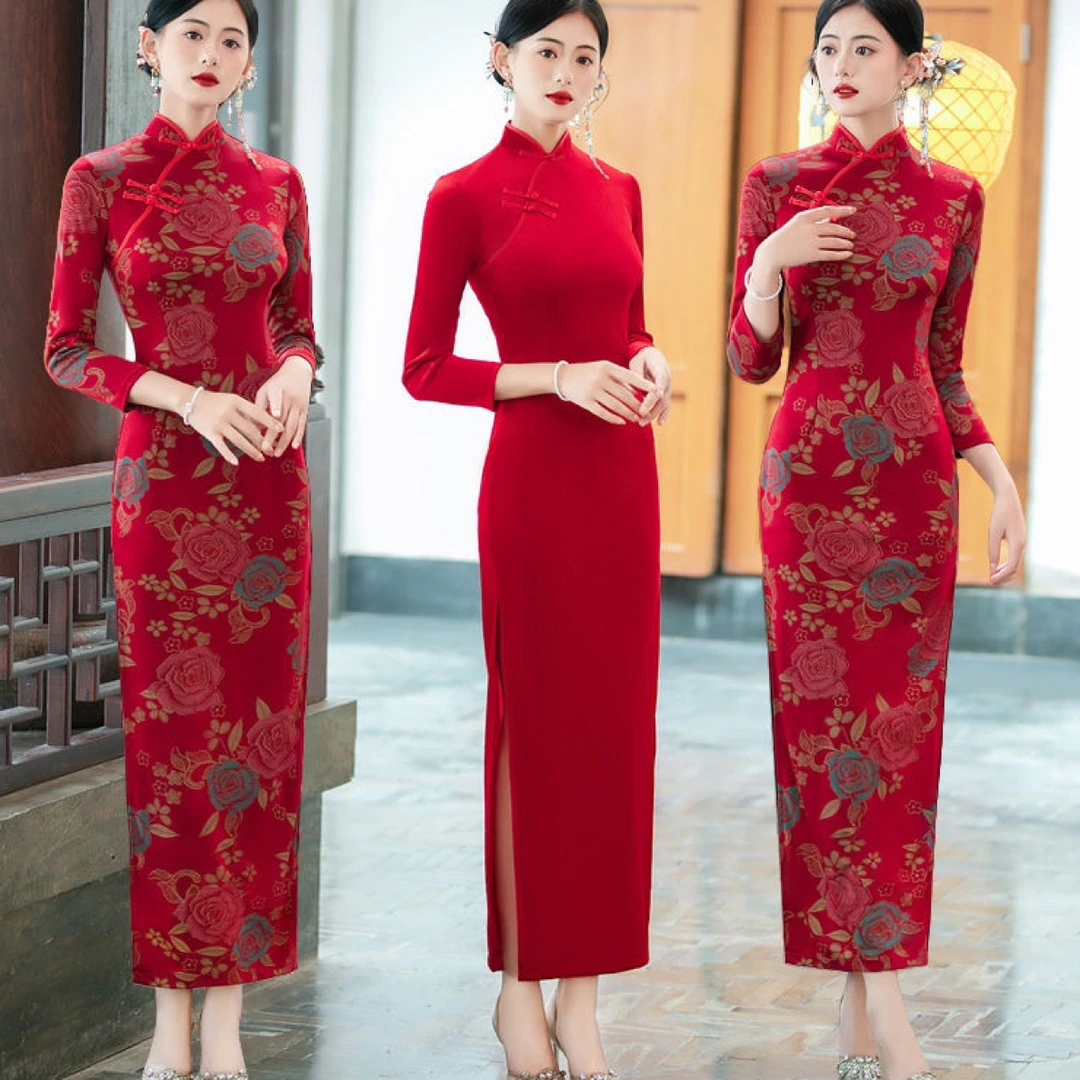 2024旗袍秋季新款传统金丝绒长款纯色日常妈妈复古走秀单色祺袍女