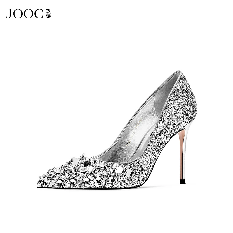 JOOC玖诗尖头高跟鞋新款格利特细跟浅口单鞋亮片婚鞋小码7184