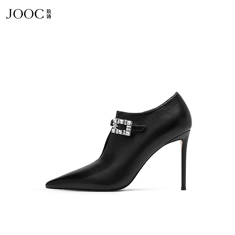 JOOC玖诗秋冬尖头短靴女新款胎牛皮高跟女鞋时尚气质细跟踝靴6922