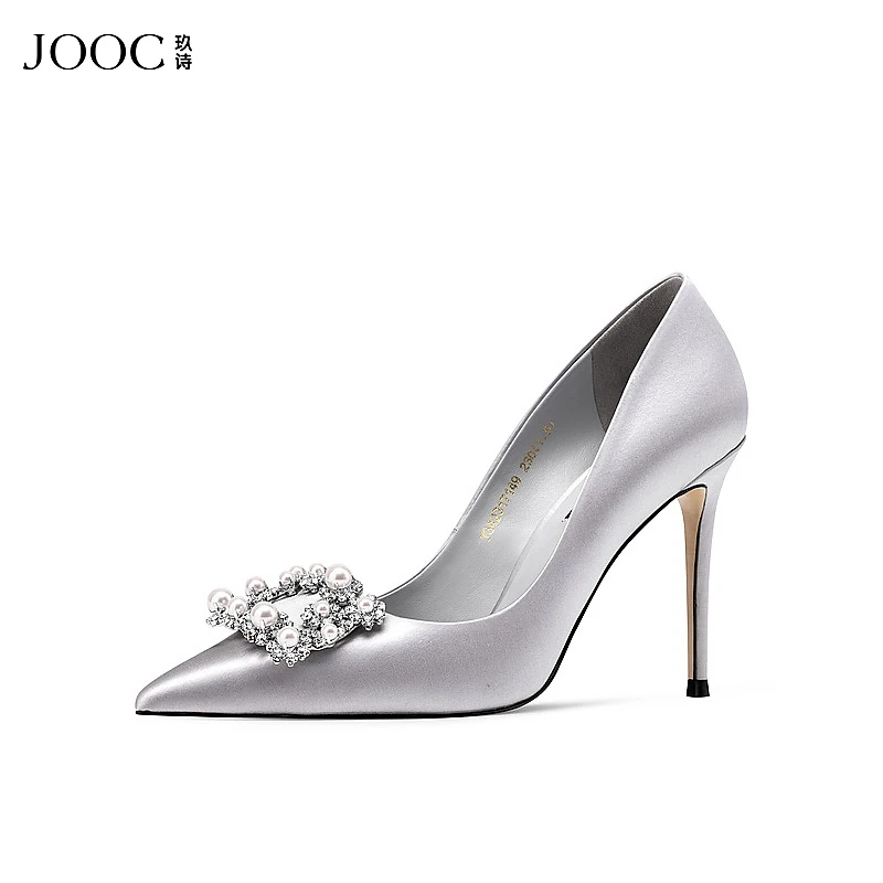 JOOC玖诗秋冬尖头细跟高跟鞋女新款珍珠方扣气质浅口单鞋小码7149