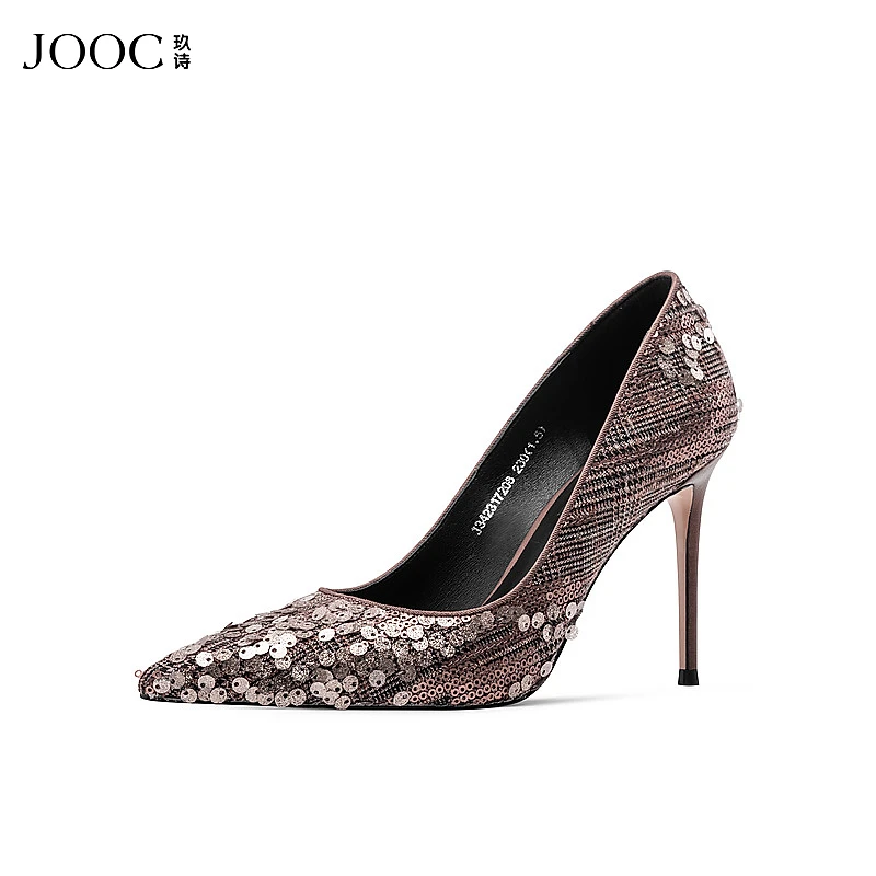 JOOC玖诗尖头新品高跟鞋女新款气质亮片浅口单鞋宴会性感女鞋7208