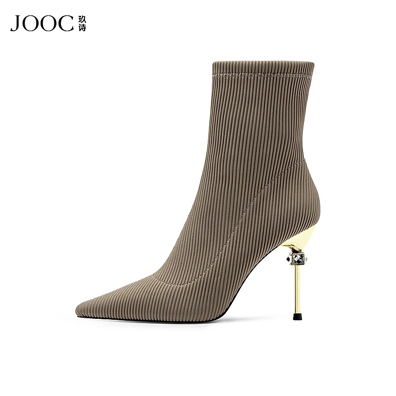JOOC玖诗弹力短靴女秋新款尖头时装靴黑色百搭短筒瘦瘦靴7068