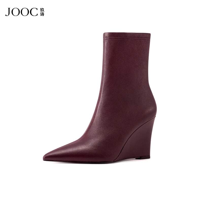 JOOC玖诗尖头瘦瘦靴女秋冬新款时尚坡跟短靴欧美气质弹力靴子