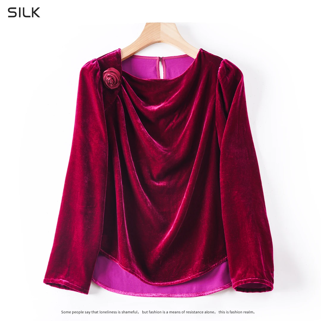 100%桑蚕丝丝绒高档女装秋冬百搭气质时尚套头长袖真丝卫衣