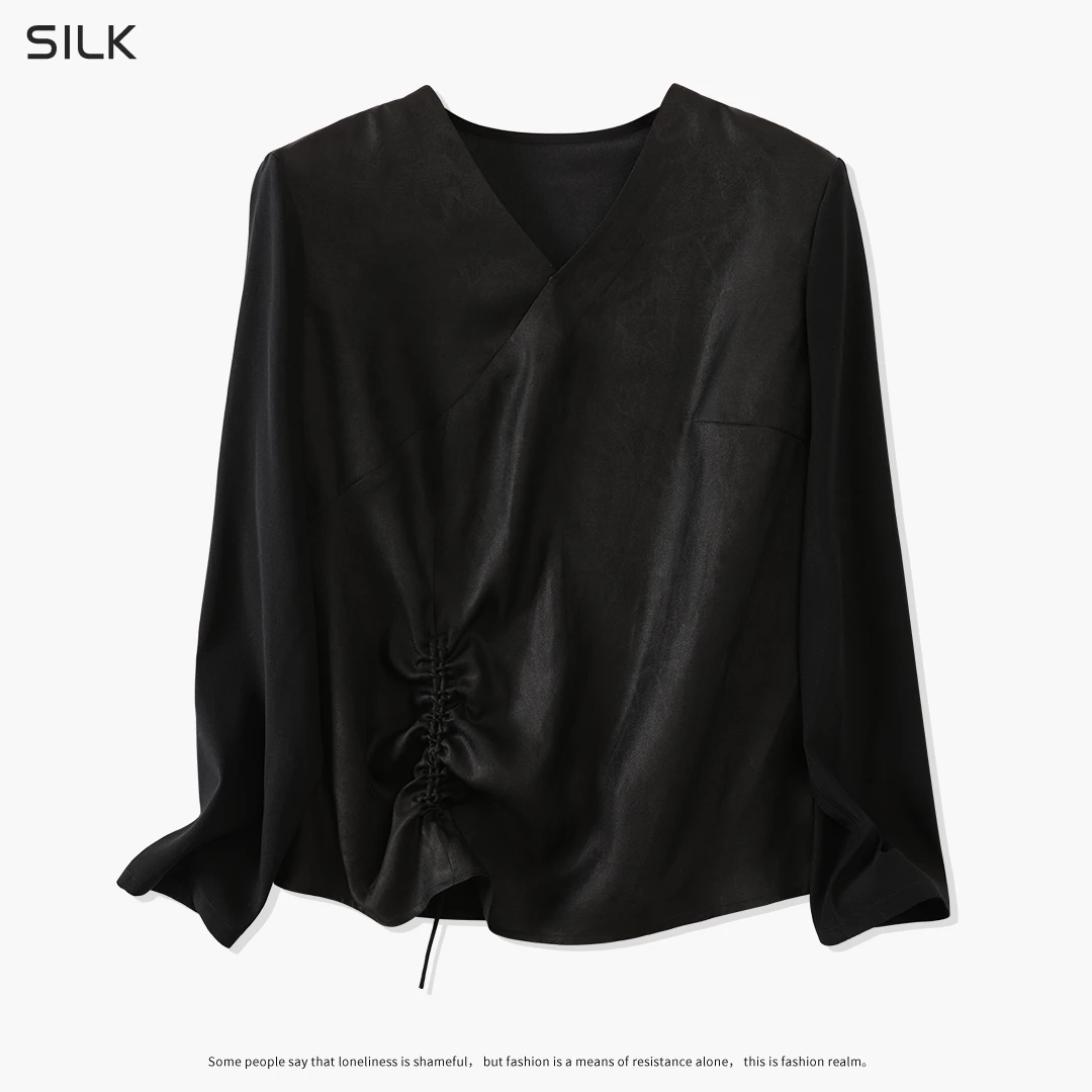 100%桑蚕丝通勤风长袖香云纱高端女装休闲宽松V领真丝T恤气质