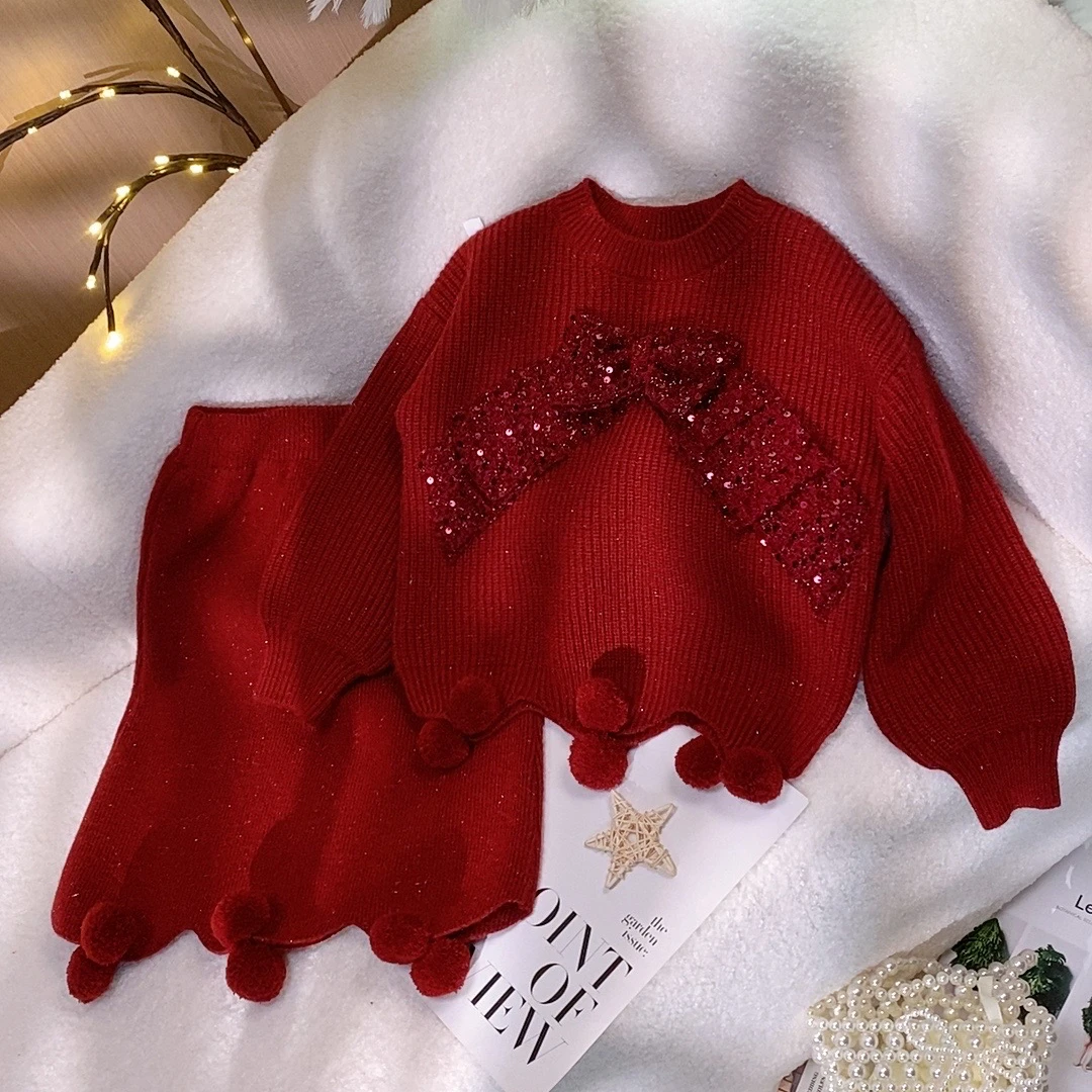 新年款红色套装女童大蝴蝶结毛衣不规则球球裙子两件套秋冬装
