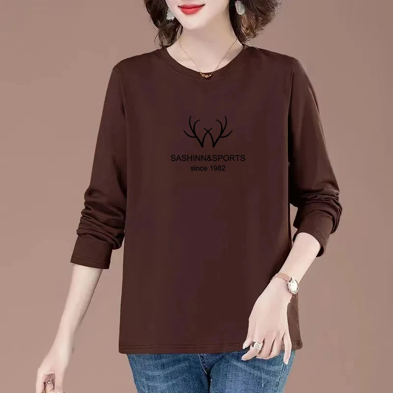 纯棉大码宽松时尚百搭显瘦长袖上衣洋气白色圆领秋季春秋T恤休闲