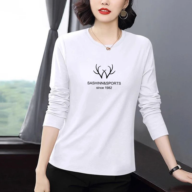 純棉长袖T恤女2024秋季新款休闲女装时尚宽松版百搭印花打底衫女