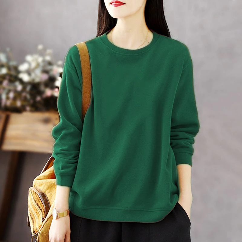 纯棉长袖卫衣女大码女士上衣休闲宽松时尚春秋新款纯色薄款打底衫