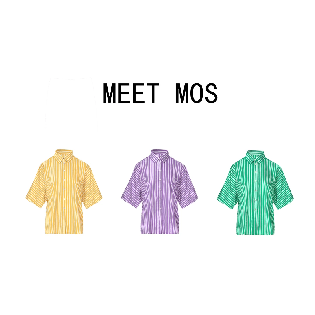 MEETMOS【男友风休闲宽松短袖】夏季彩色条纹百搭天丝衬衫ZZ-029