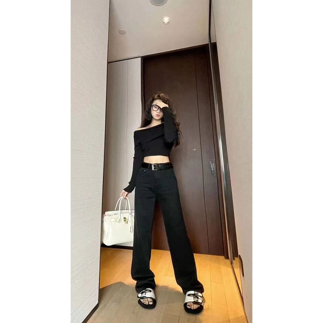 2024冬欧货新款高腰显瘦加绒女士窄版堆堆裤直筒牛仔裤